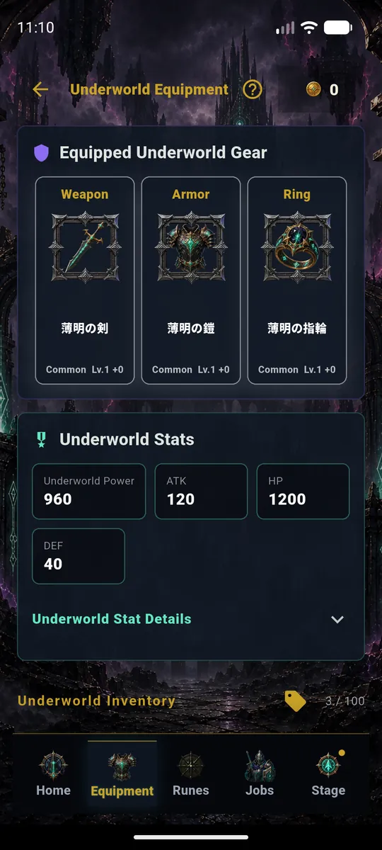 Underworld gear and stats