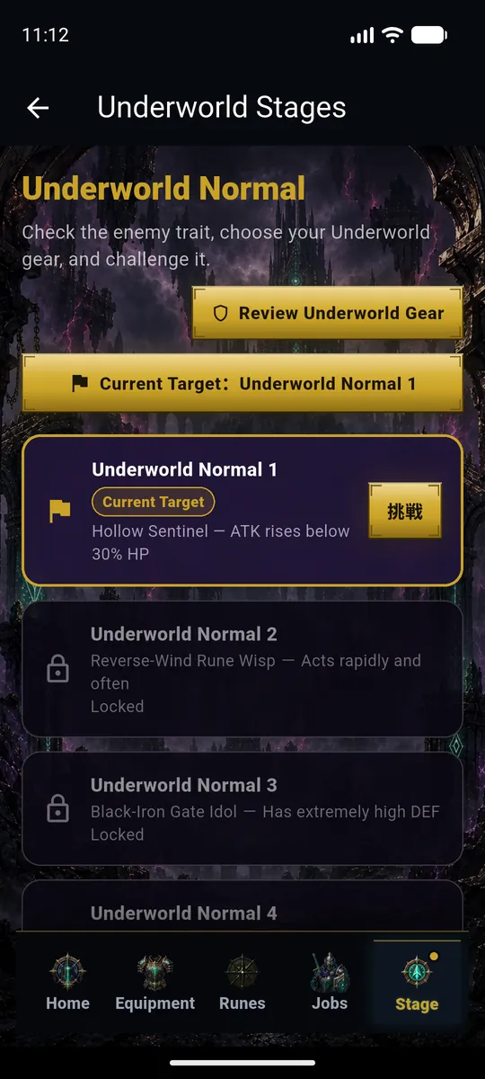 Underworld stage list with enemy traits